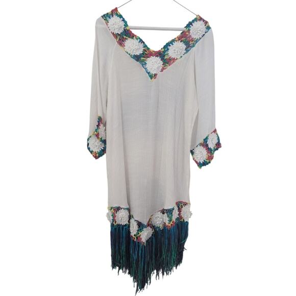 Hand-Crocheted Bikini Cover-Up – White with Rainbow Jamaican Yarn (Size Small) - Picture 1 of 3